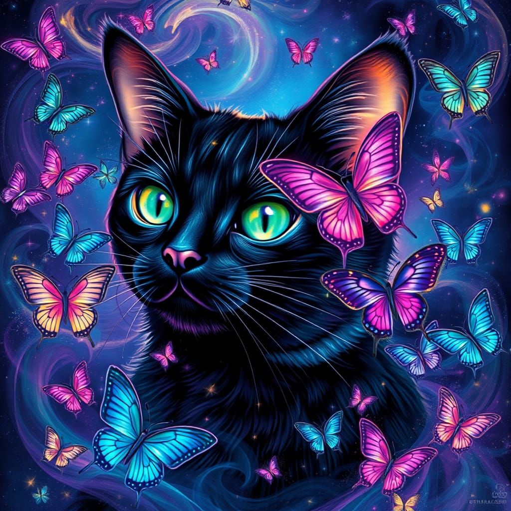 Mystical Black Cat in an Iridescent Cosmic Dreamscape