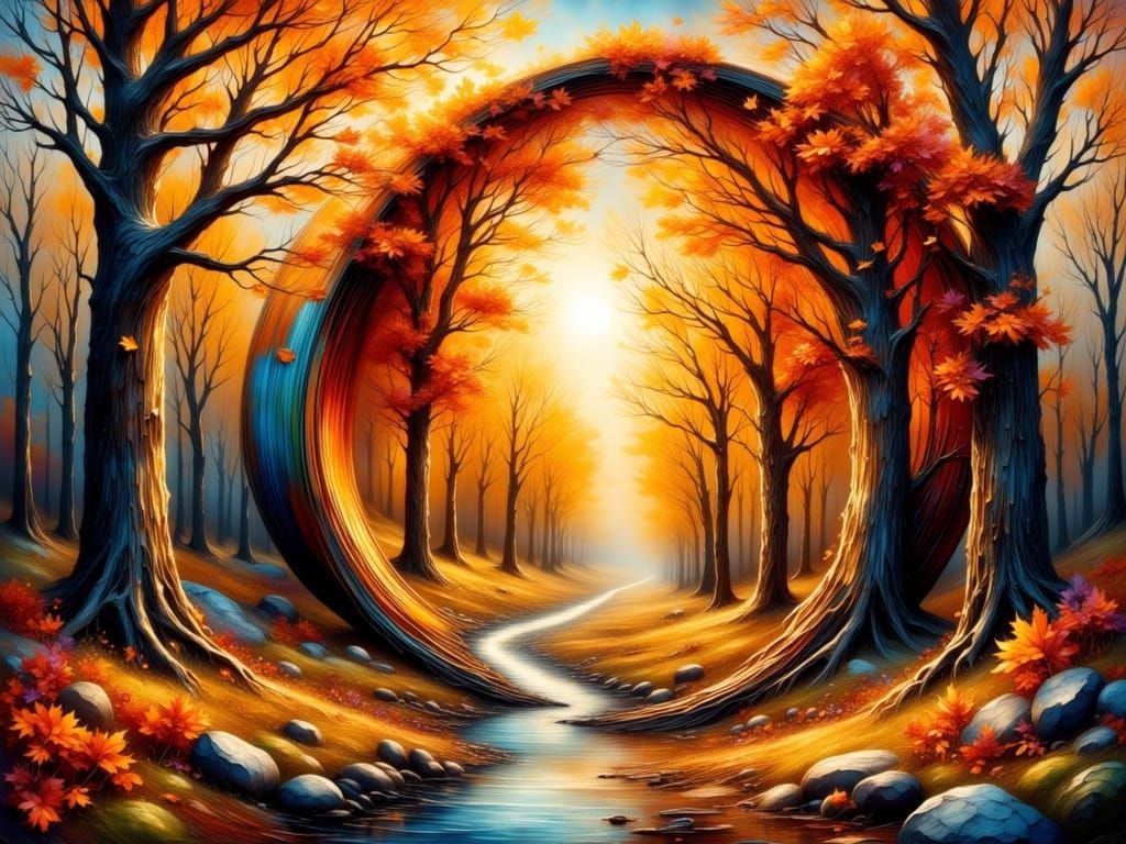 Surreal Autumn Landscape Flows from Paint Can as Impasto Pai...