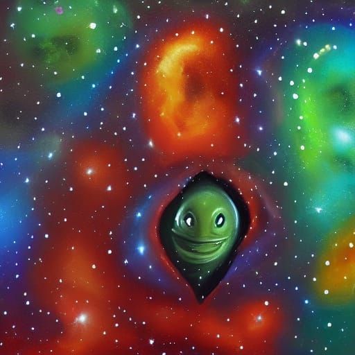 Cute Alien Playing with Stars in Surreal Oil Painting