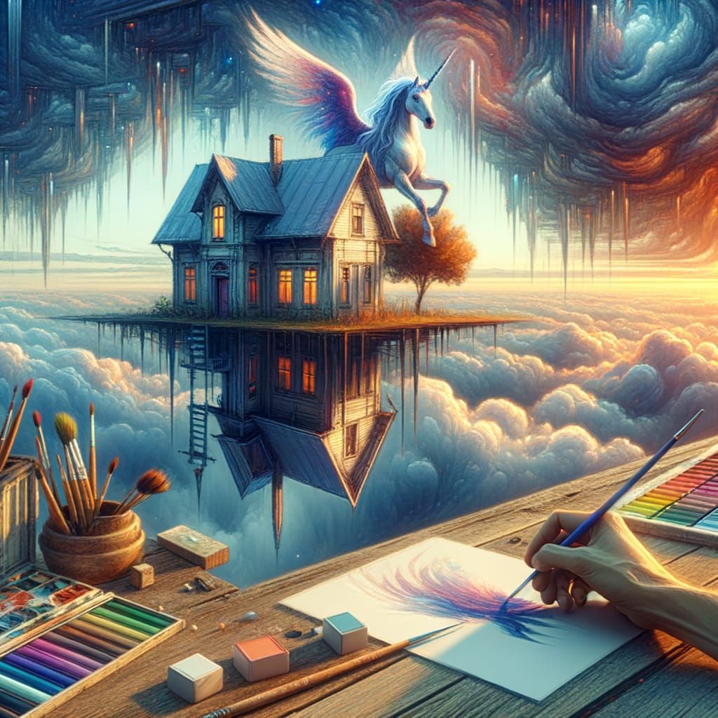 Inverted House With Unicorn, Fantasy Matte Painting