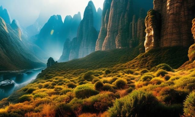 Golden Hour Illuminates a Dramatic Rocky Landscape