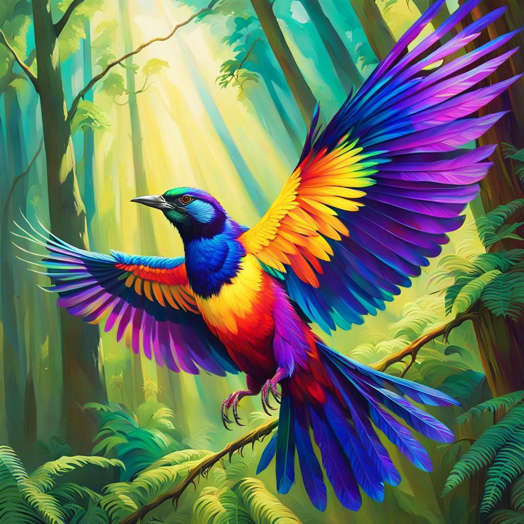 Majestic Multi-Colored Bird Emerges From Forest
