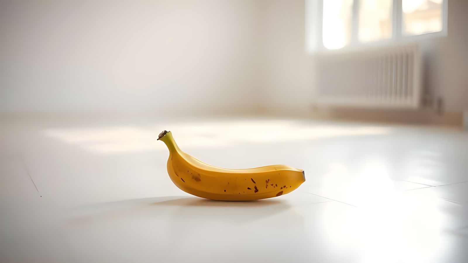 A lone banana on a pristine white floor, captured in precise...