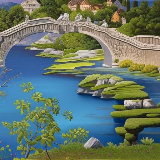 Magic Ancient Bridge Painting in Surreal Expressionist Style