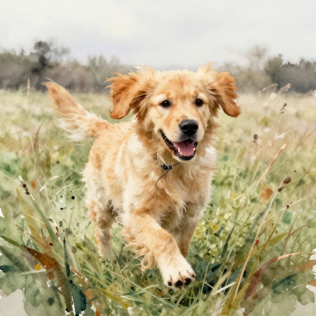 Golden Retriever Puppy Running in Wind, Watercolor Style