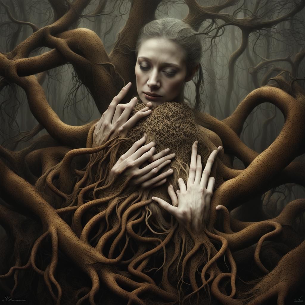 Surrealist Forest: Woman's Hands Bound by Roots