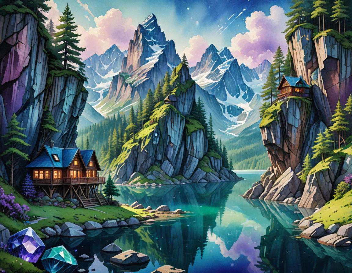 Enchanted Amethyst Mountains Reflected in Sapphire Lakes