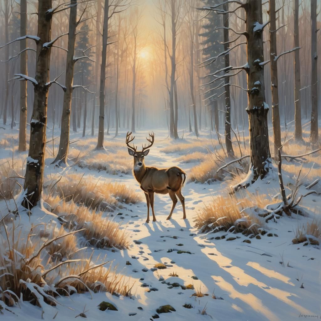 Deer in Winter Forest: Impressionist Oil Painting