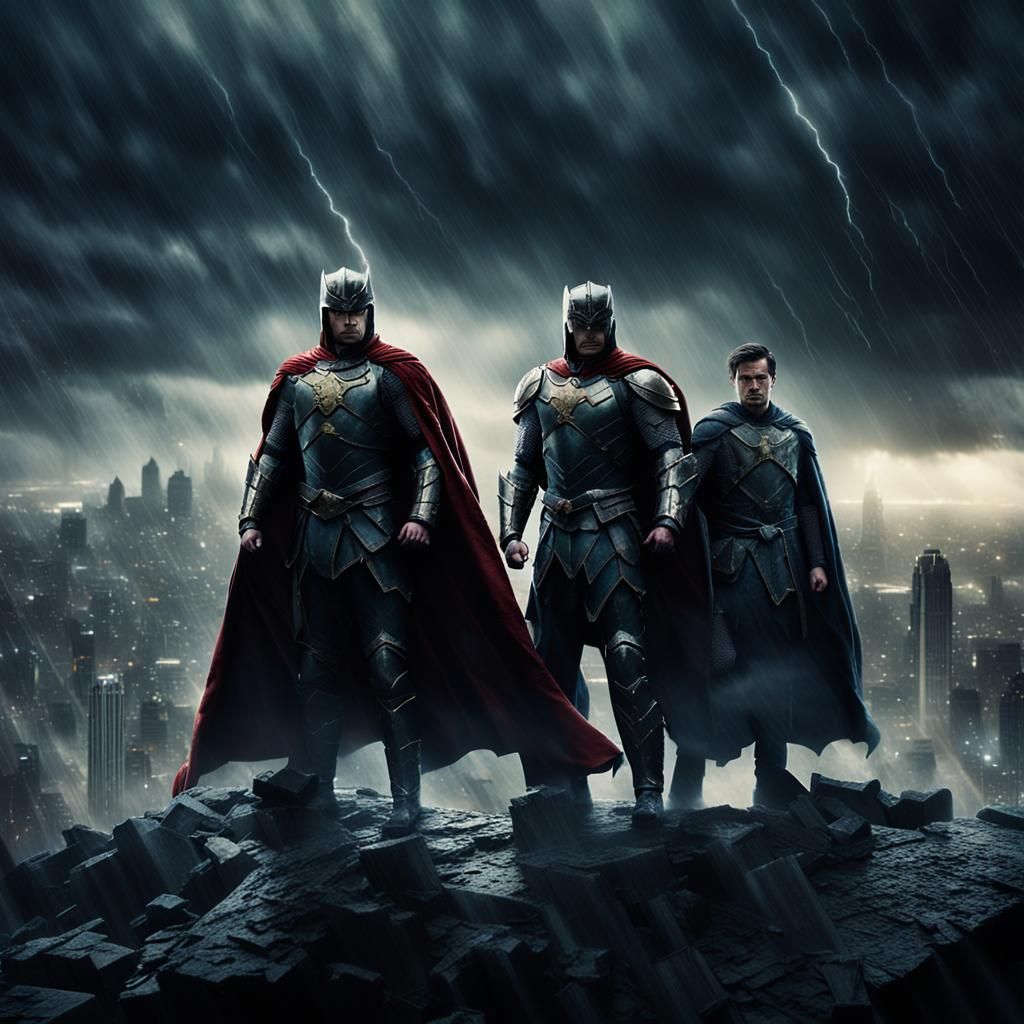 Dramatic Heroes in Stormy Cityscape: Cinematic Film Still