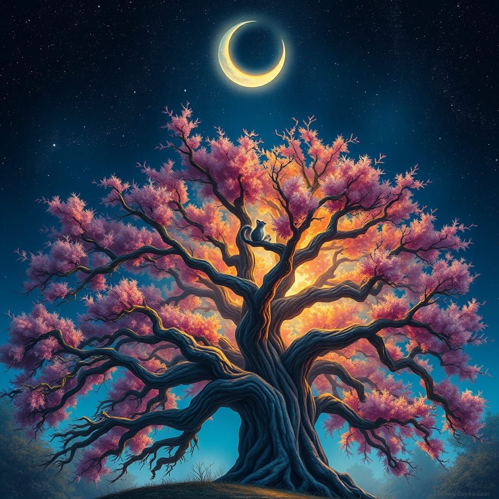 Vibrant Oak Tree Under Starry Night Sky with Squirrel