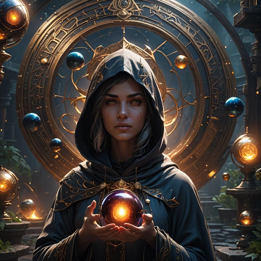 Hooded Girl with Libra and Spheres, Detailed Matte Painting