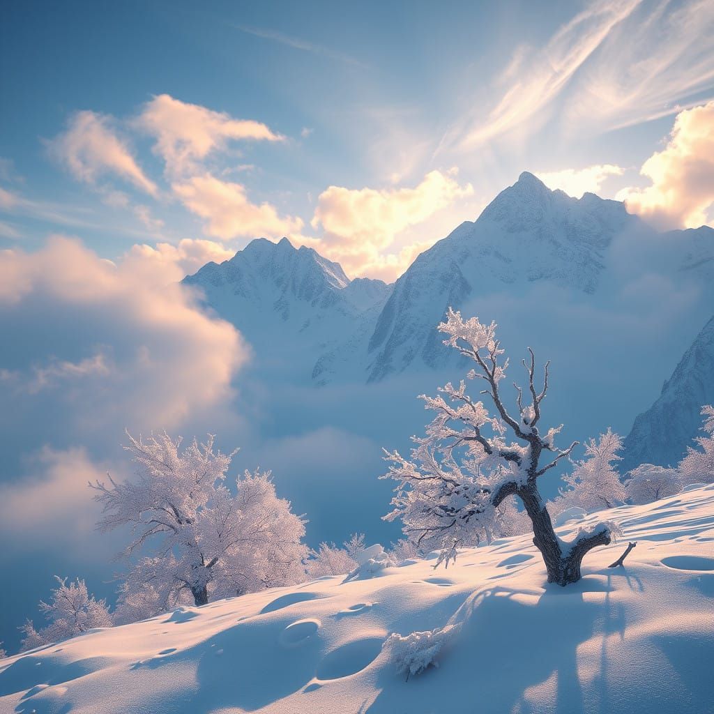 Ethereal Snow-Covered Mountainscape in Vibrant Electric Blue