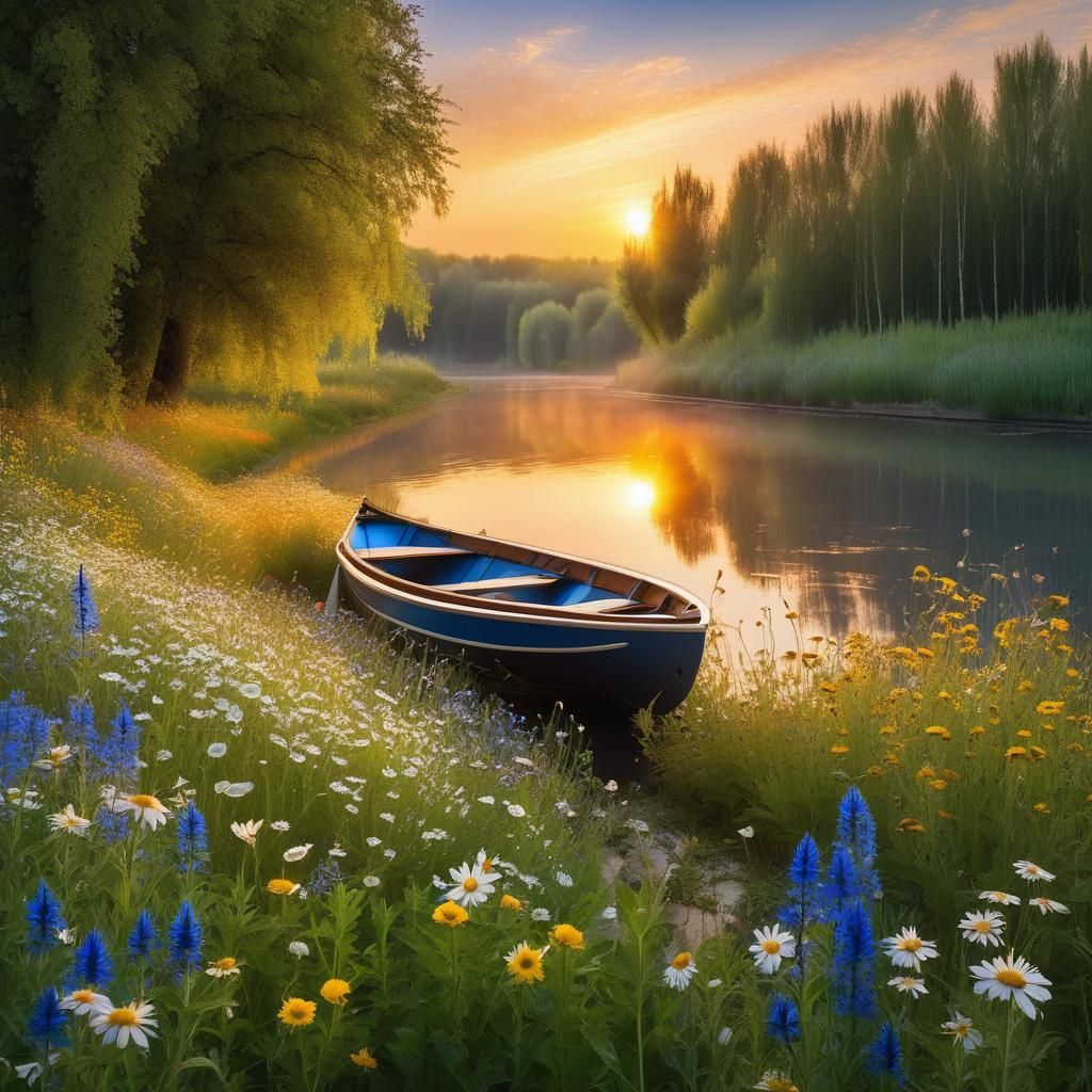 Golden Hour Riverbank Scene in Watercolor Style