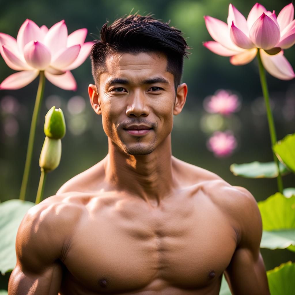 Attractive Thai Man by Lotus Pond: Professional Photography