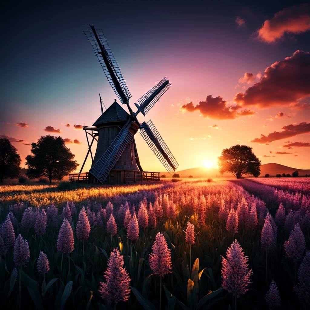 Lavender Hills Windmill in Vibrant Sunset Hues
