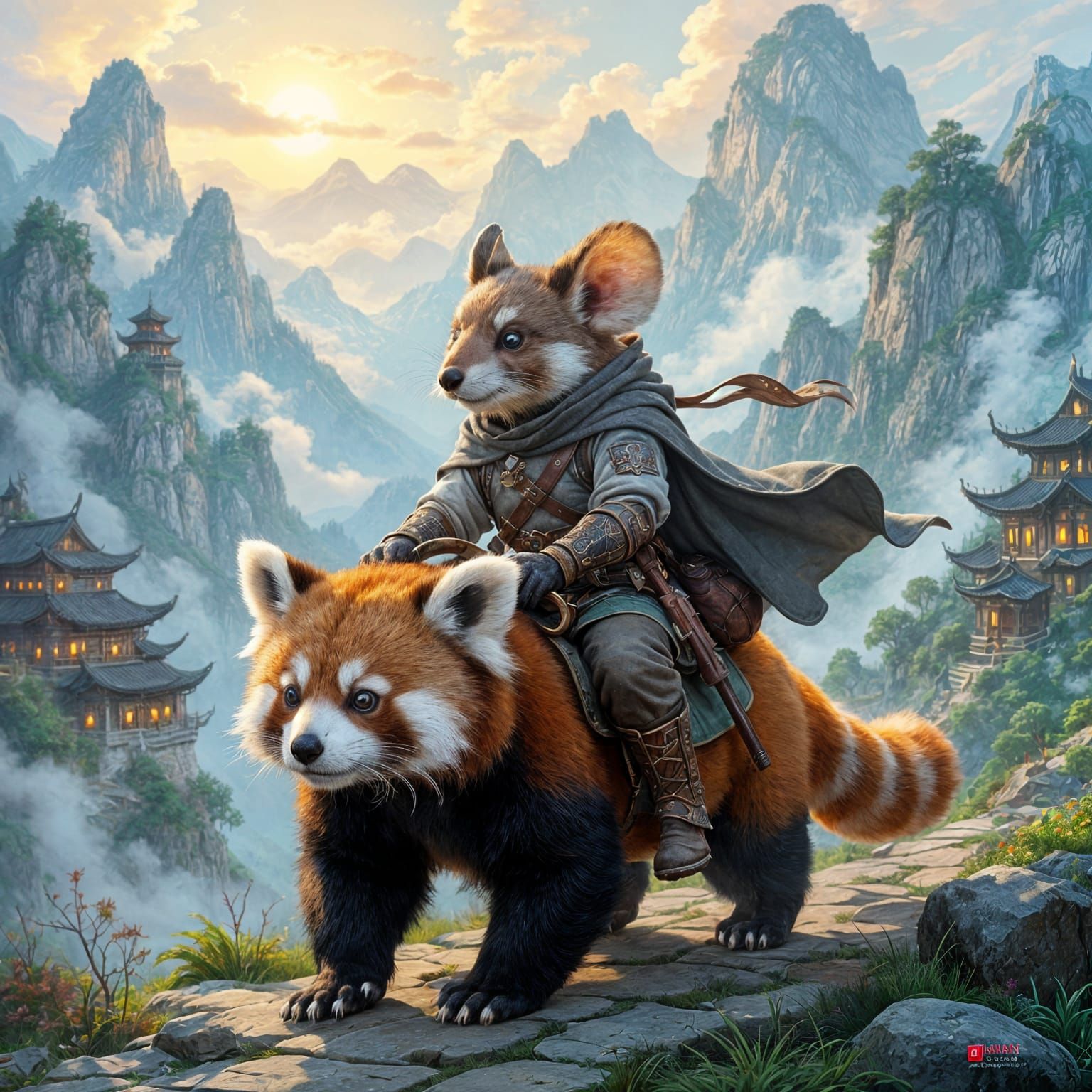 Anthropomorphic Mouse Rides Red Panda Through Misty Medieval...