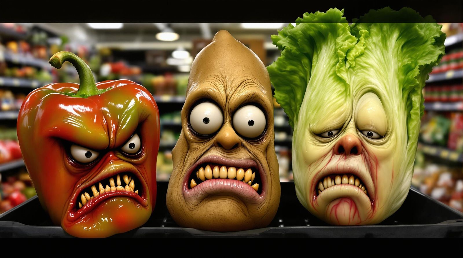 CGI Cartoon Vegetables in Grocery Store Horror