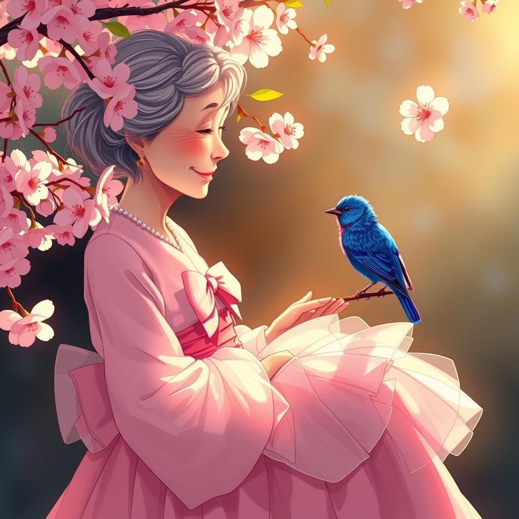 Anime-Style Senior Lady and Blue Bird in Cherry Blossoms