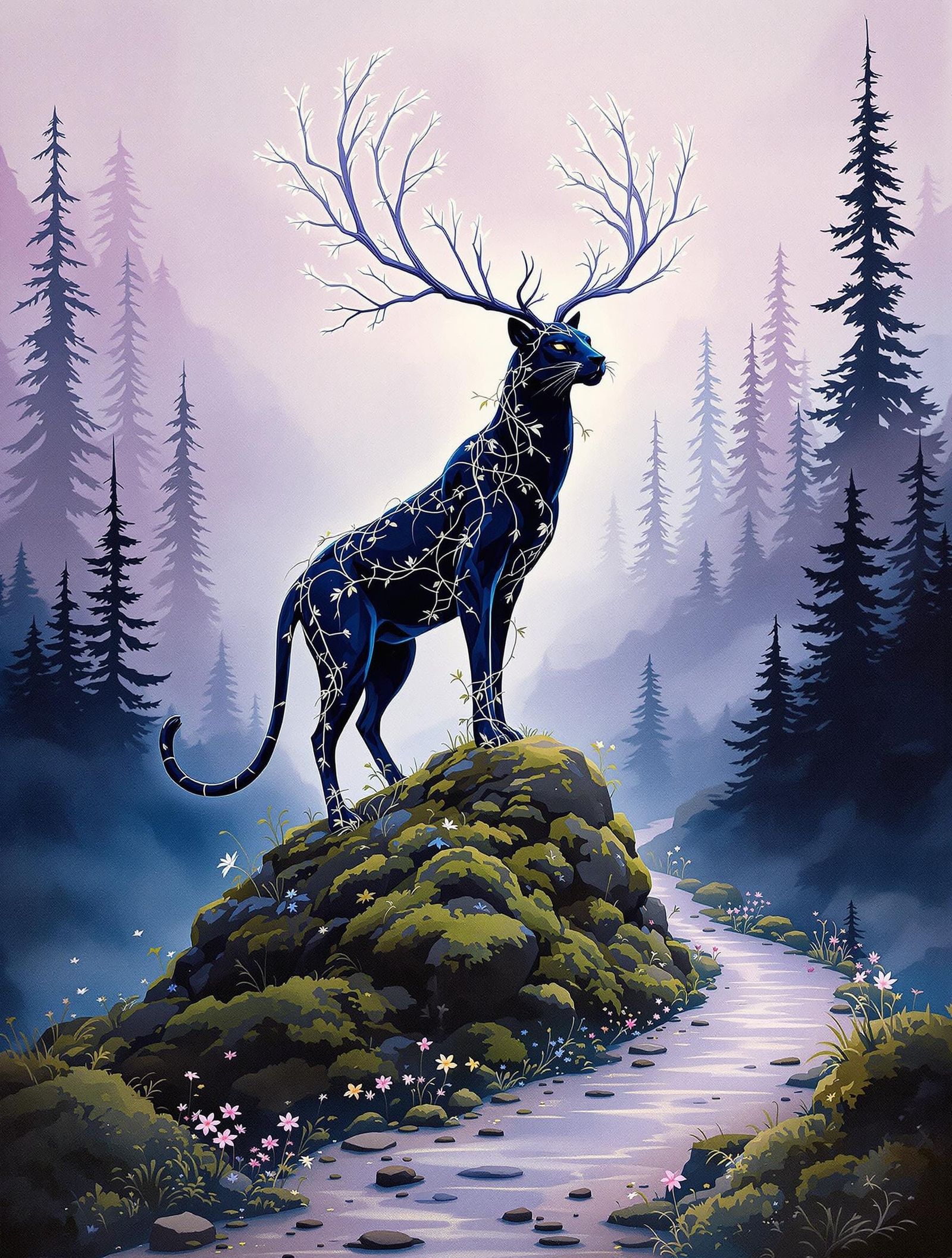 Surreal Midnight Panther Stag Hybrid in Ink Wash Landscape