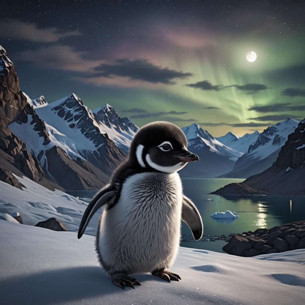 Fluffy Penguin Frollicking Under Aurora Borealis