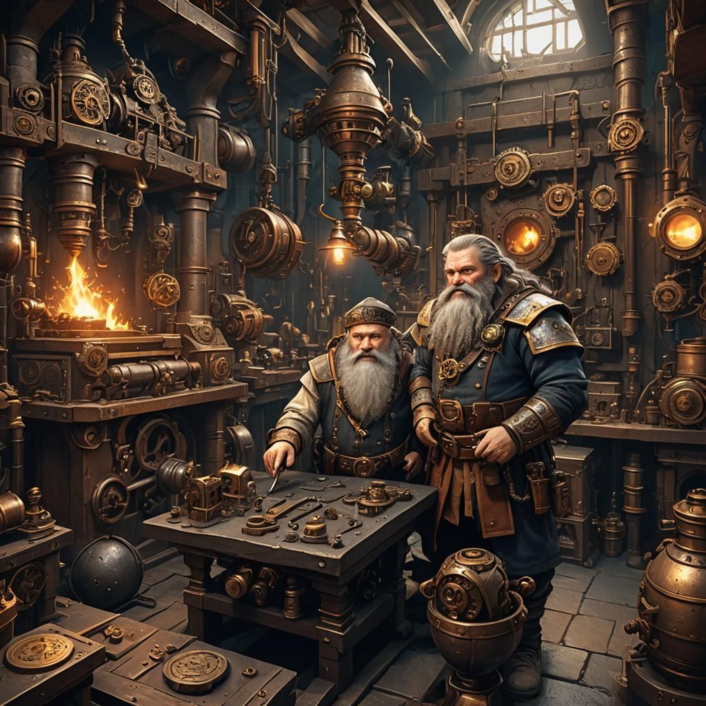 Steampunk Dwarven Inventor in Workshop: Detailed Matte Paint...