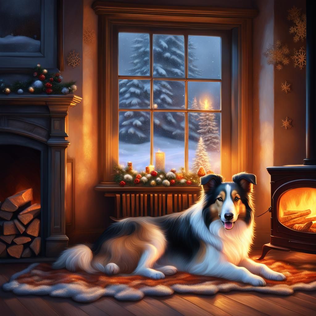 Cozy Collie Dog by Fireplace in Hyperrealistic Style