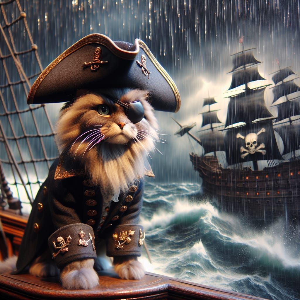 Fluffy Pirate Cat on Ship in 17th Century Style