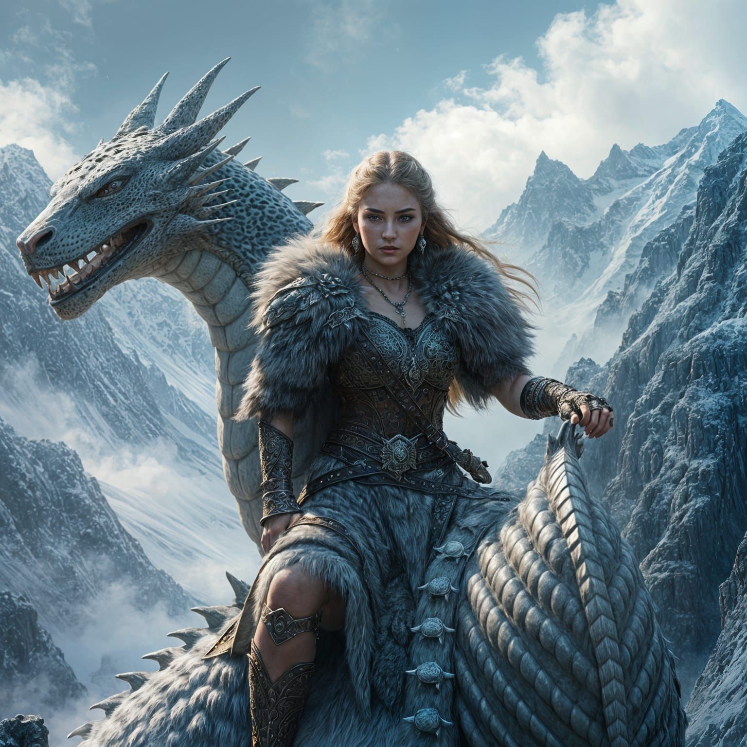 Hyperrealistic Woman Warrior Riding a Dragon