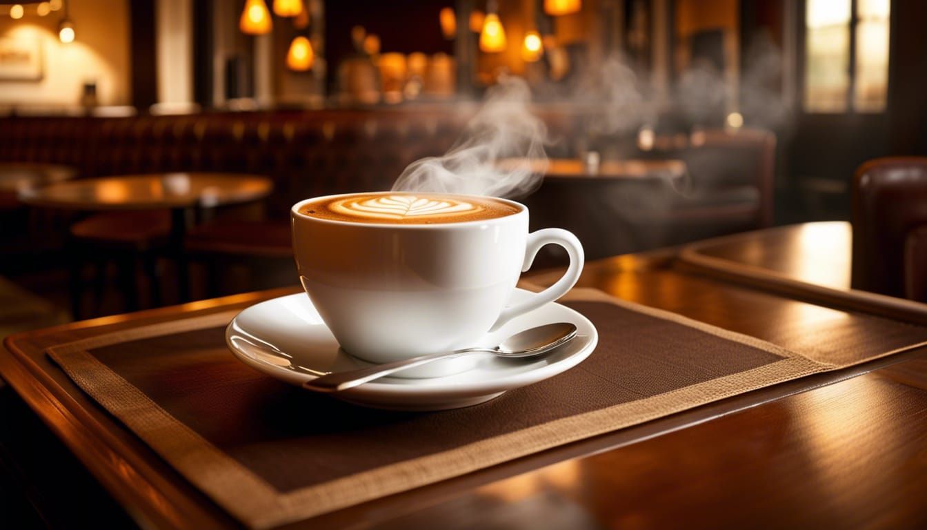 Steaming Coffee Cup in Cozy Cafe Setting