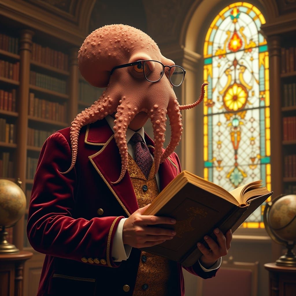 Distinguished Octopus Reads in Grand Library