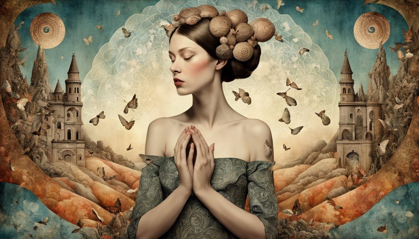 Mystical Woman Meditates in Dreamlike Sunset Landscape