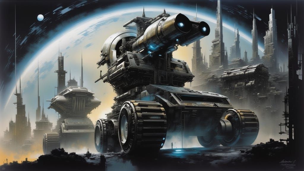 Massive Alien War Machine in Dystopian Cityscape