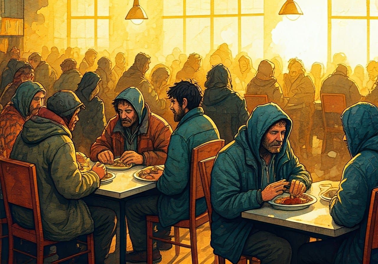 Warm Soup Kitchen Scene in Watercolor