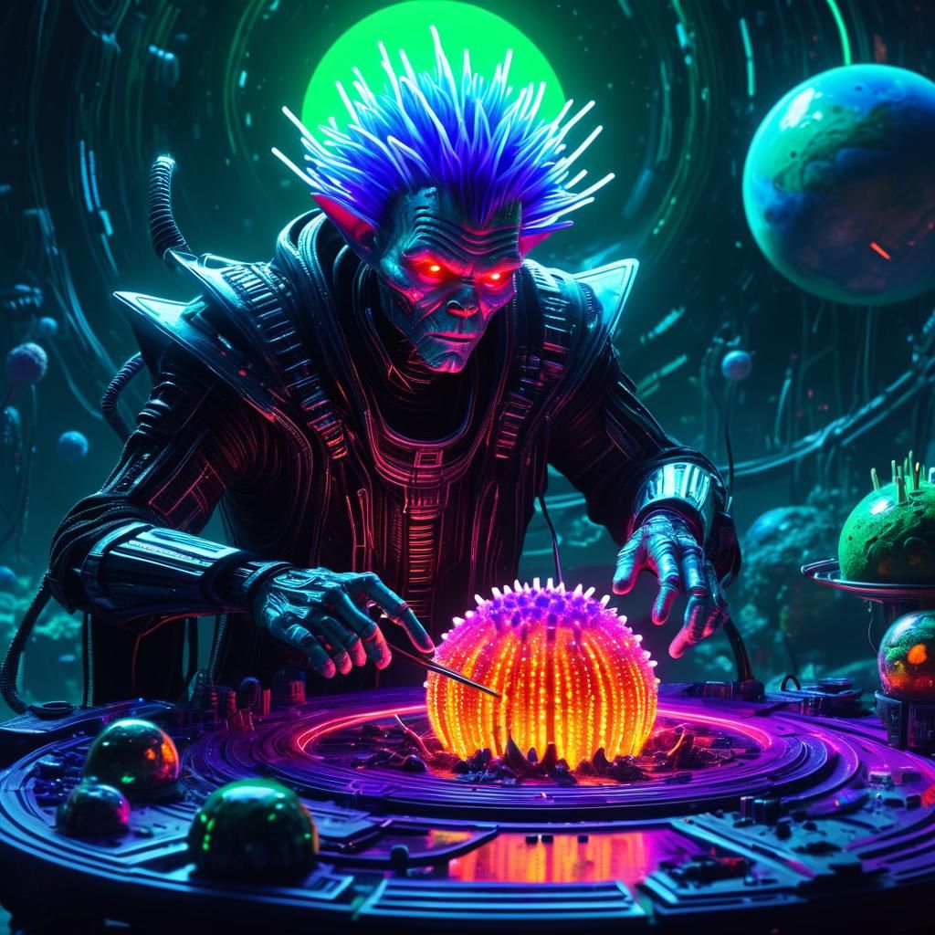 Cyborg Sorcerer Builds a Planet in Neon Fantasy Art