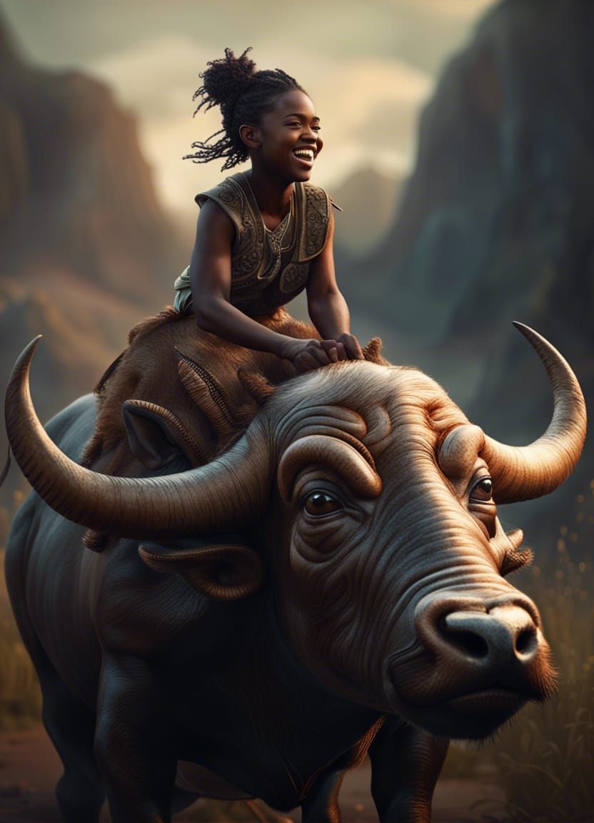 Happy Girl Rides African Buffalo: Detailed Photography