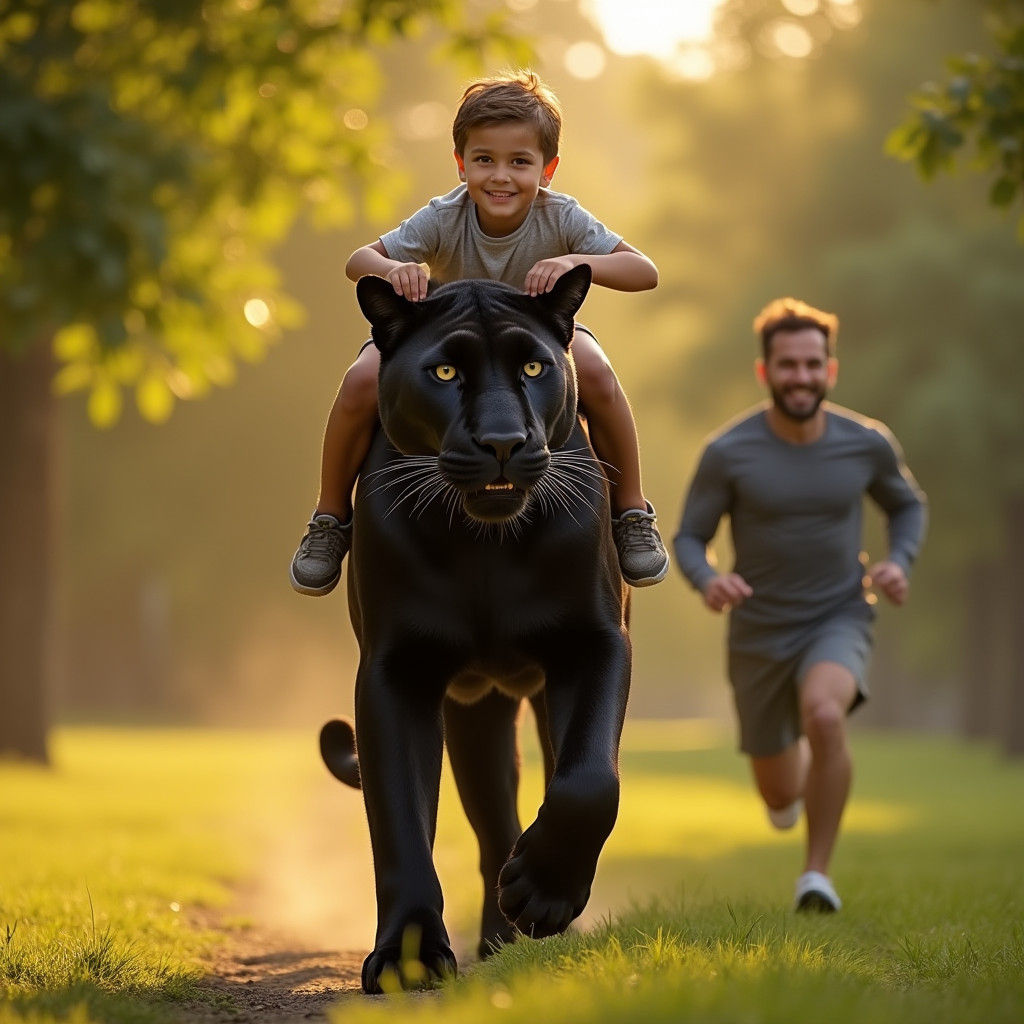 Boy Rides Black Panther in Lush Park Setting