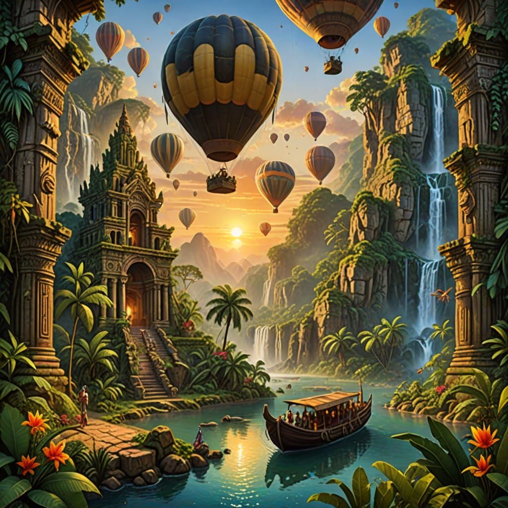 Jungle Explorers in Ancient Ruins Oil Painting