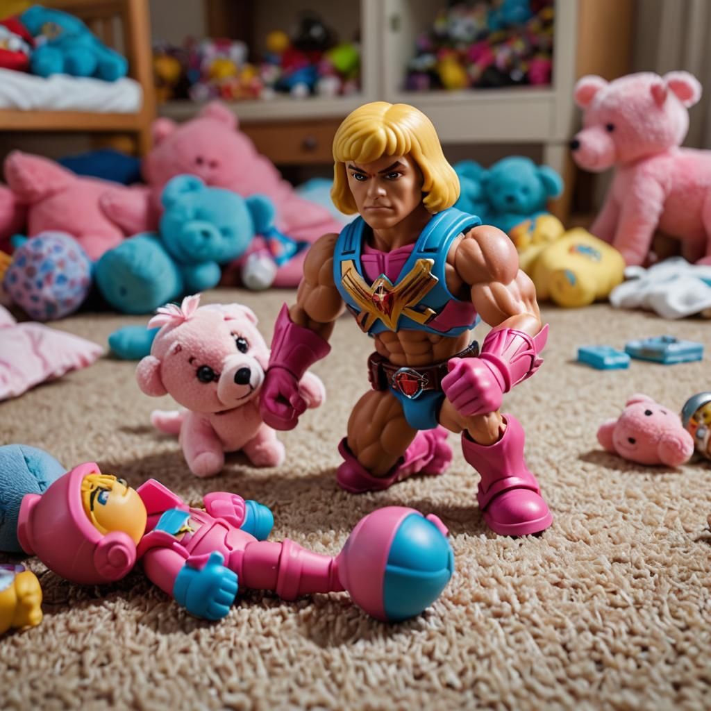 He-Man Action Figure Battles Teddy Bear in Macro Shot