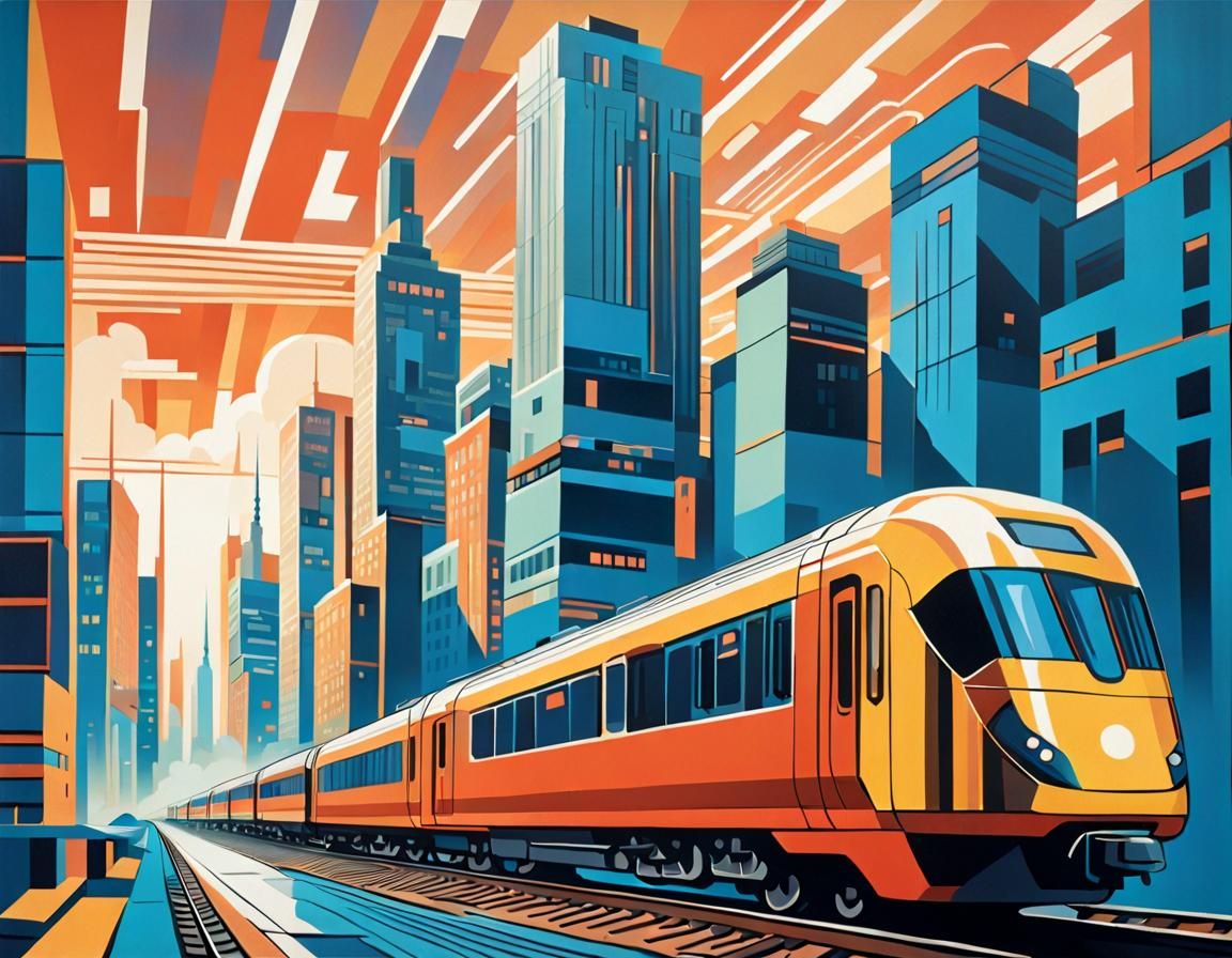 Futuristic Train in Cityscape, Neo-Cubism Style