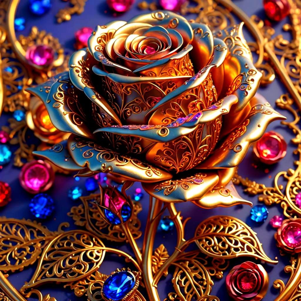 Gold Metal Rose with Lace Filigree and Gems