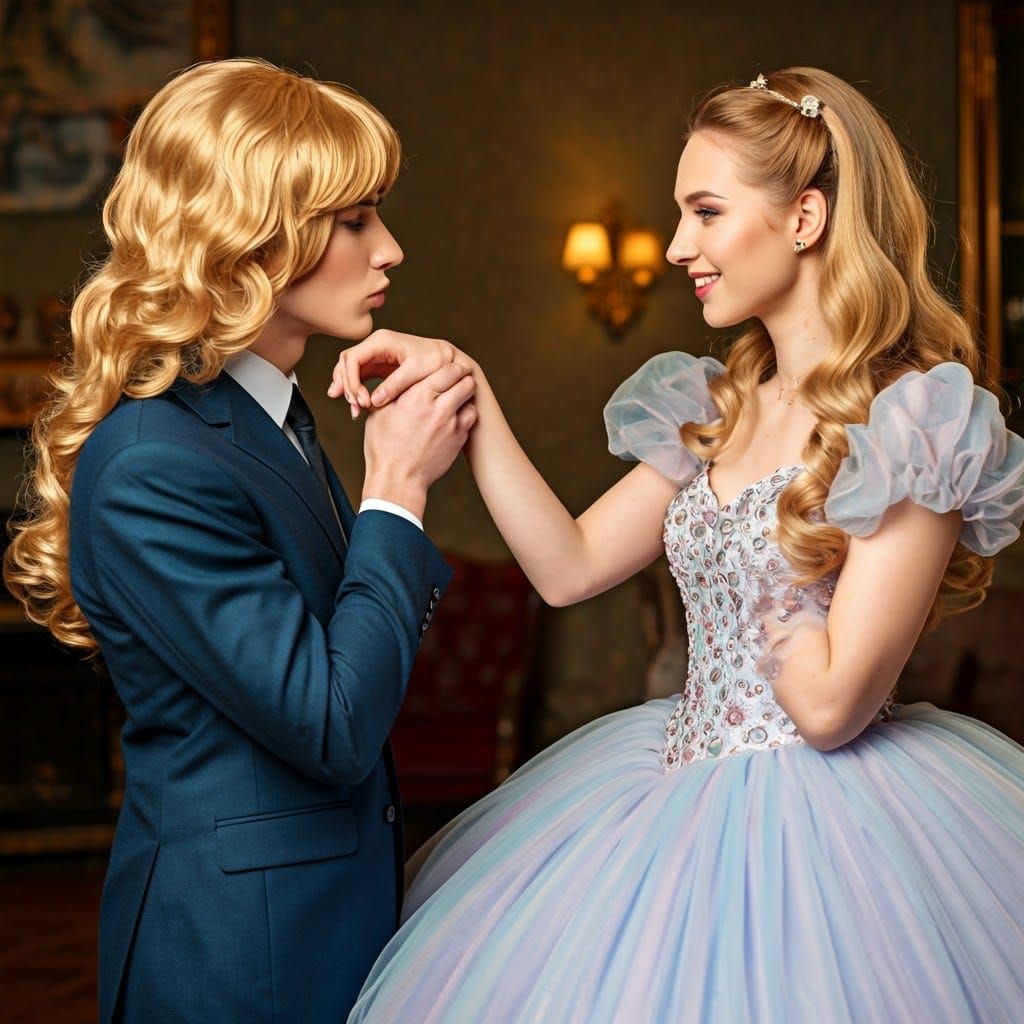 Elegant Young Man Receives Tender Kiss from Suited Woman in....