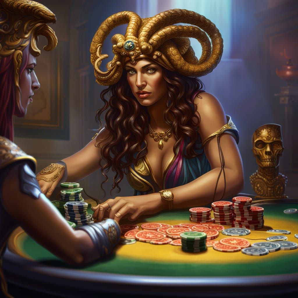 Medusa and Athena in a Poker Game, Hyperrealistic