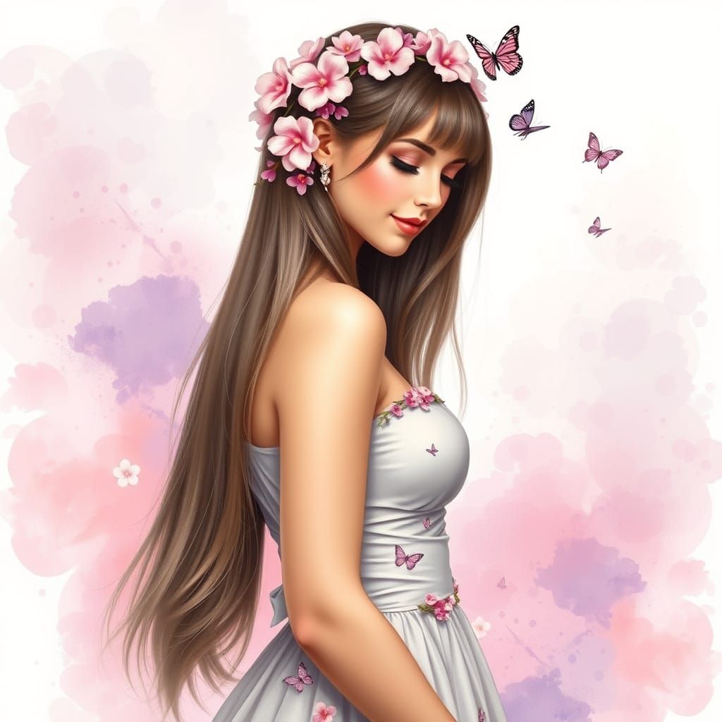 Elegant Woman in Floral Dress, Watercolor Art Nouveau Style