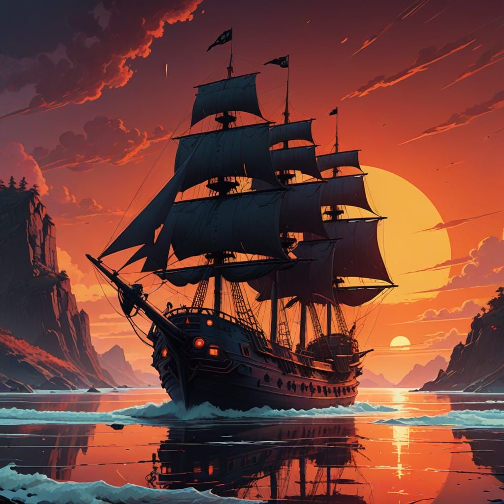 Majestic Pirate Ship in Hyperrealistic Red Sunset