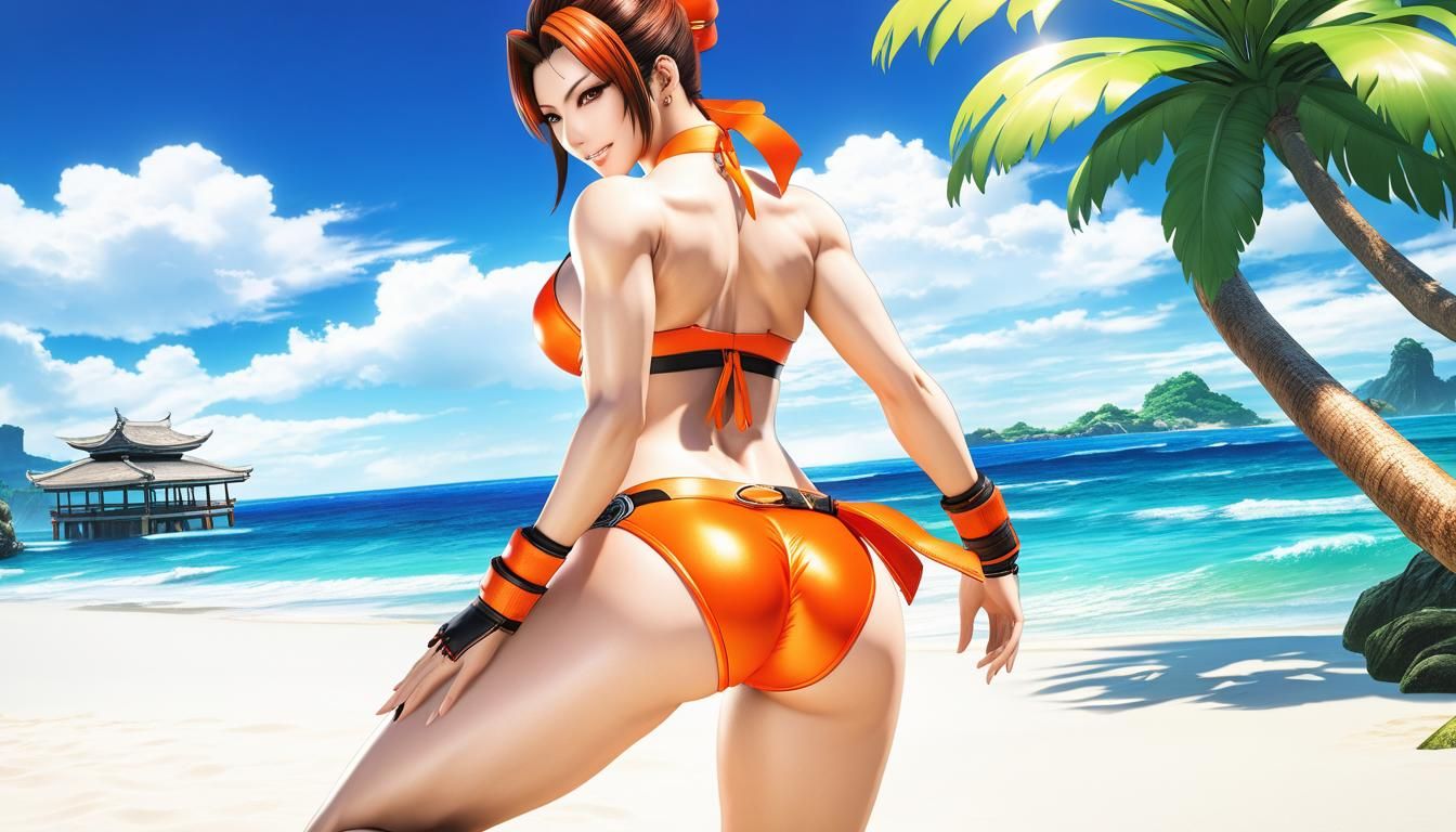 Hot smiling Xiaoyu Kazama, from Tekken 7, using a hot orange bikini in a hot position with her back turned, at a tropica...