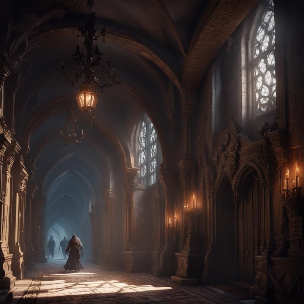 Ghosts Chase Adventurer in Dark Castle Corridor