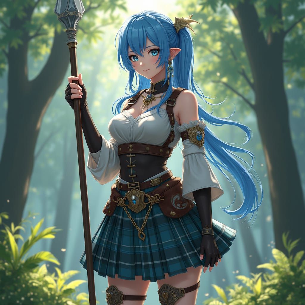 Blue-Haired Woman Warrior in Forest Glade
