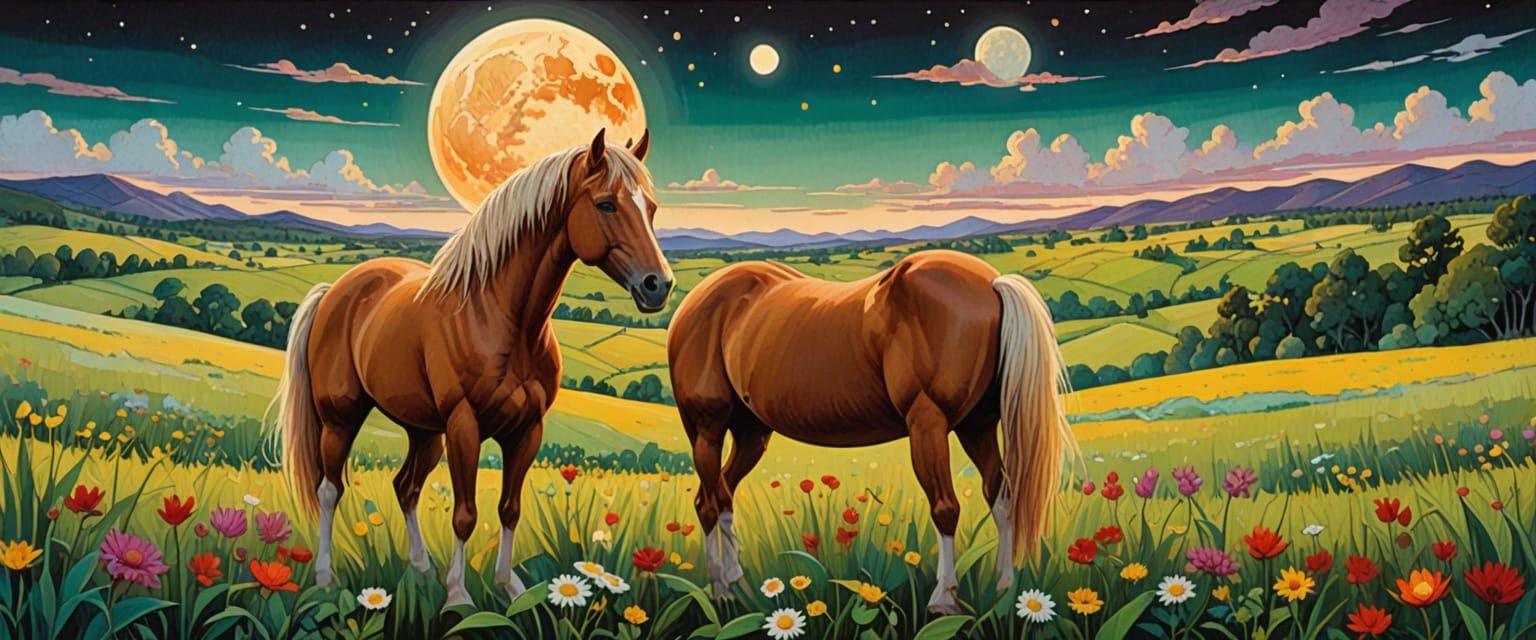 Vivid Horse in Golden Pasture Under Rising Moon