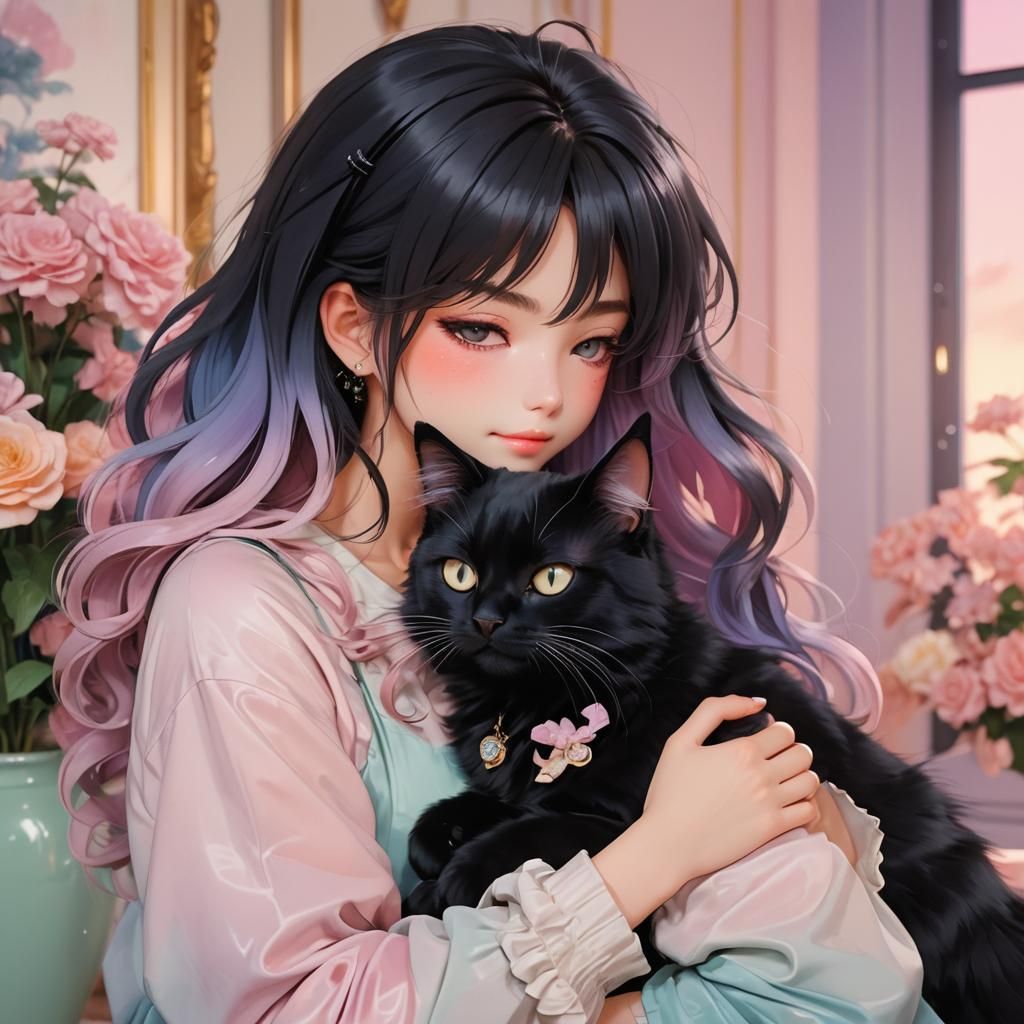 Anime 3D Portrait: Woman and Black Cat