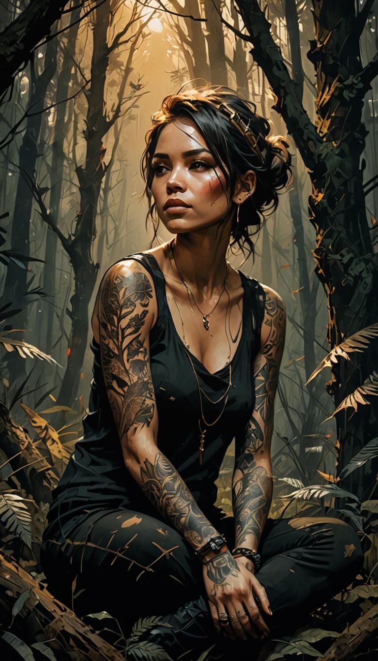 Woman with Animal Tattoos in Mystical Forest
